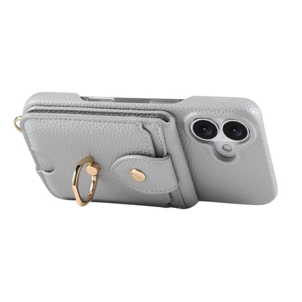For iPhone 16 Plus Case with Card Holder, Shoulder Strap PC+TPU Ring Kickstand Phone Back Cover