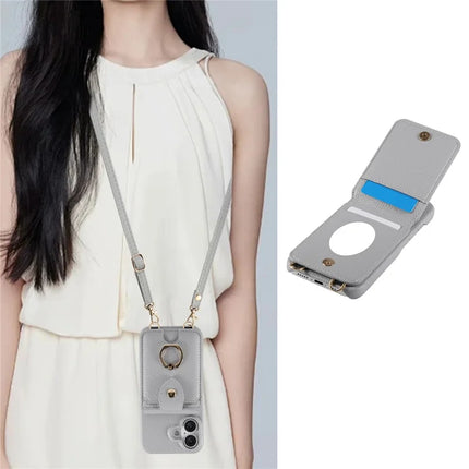 For iPhone 16 Plus Case with Card Holder, Shoulder Strap PC+TPU Ring Kickstand Phone Back Cover