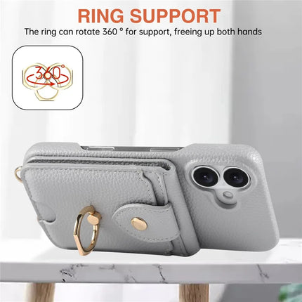 For iPhone 16 Plus Case with Card Holder, Shoulder Strap PC+TPU Ring Kickstand Phone Back Cover