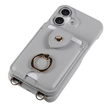 For iPhone 16 Plus Case with Card Holder, Shoulder Strap PC+TPU Ring Kickstand Phone Back Cover