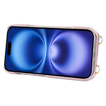 For iPhone 16 Plus Case with Card Holder, Shoulder Strap PC+TPU Ring Kickstand Phone Back Cover