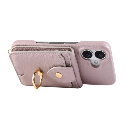 For iPhone 16 Plus Case with Card Holder, Shoulder Strap PC+TPU Ring Kickstand Phone Back Cover
