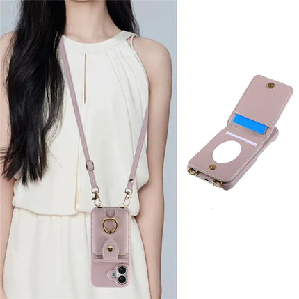 For iPhone 16 Plus Case with Card Holder, Shoulder Strap PC+TPU Ring Kickstand Phone Back Cover