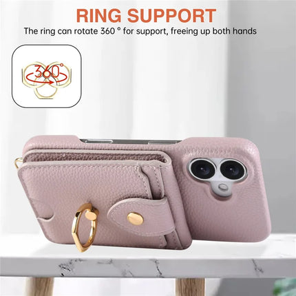 For iPhone 16 Plus Case with Card Holder, Shoulder Strap PC+TPU Ring Kickstand Phone Back Cover