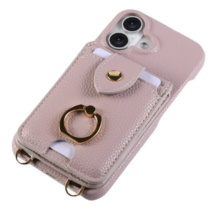For iPhone 16 Plus Case with Card Holder, Shoulder Strap PC+TPU Ring Kickstand Phone Back Cover