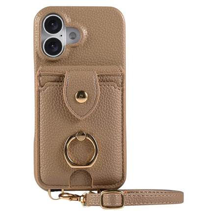 For iPhone 16 Plus Case with Card Holder, Shoulder Strap PC+TPU Ring Kickstand Phone Back Cover - Light Tan