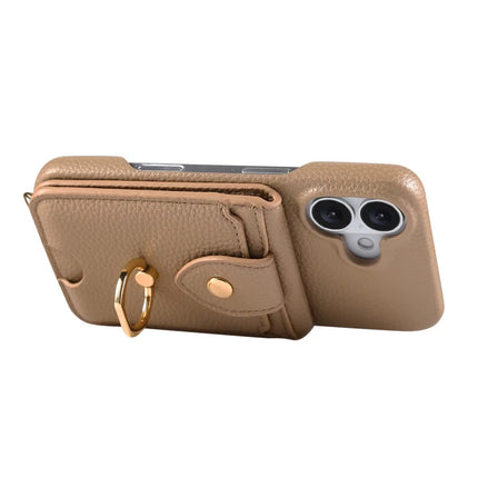 For iPhone 16 Plus Case with Card Holder, Shoulder Strap PC+TPU Ring Kickstand Phone Back Cover