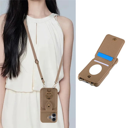 For iPhone 16 Plus Case with Card Holder, Shoulder Strap PC+TPU Ring Kickstand Phone Back Cover