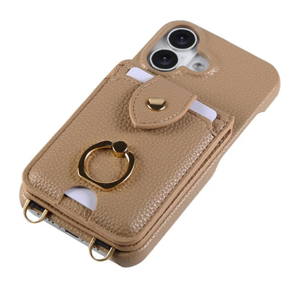 For iPhone 16 Plus Case with Card Holder, Shoulder Strap PC+TPU Ring Kickstand Phone Back Cover
