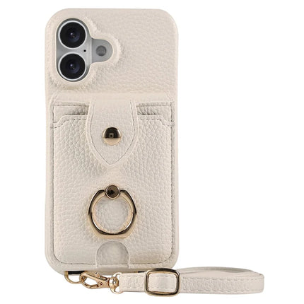 For iPhone 16 Plus Case with Card Holder, Shoulder Strap PC+TPU Ring Kickstand Phone Back Cover - White