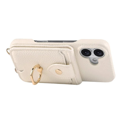For iPhone 16 Plus Case with Card Holder, Shoulder Strap PC+TPU Ring Kickstand Phone Back Cover