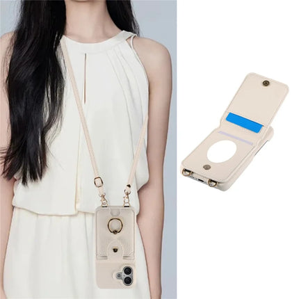 For iPhone 16 Plus Case with Card Holder, Shoulder Strap PC+TPU Ring Kickstand Phone Back Cover