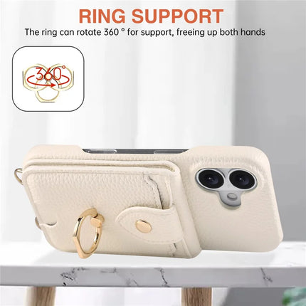 For iPhone 16 Plus Case with Card Holder, Shoulder Strap PC+TPU Ring Kickstand Phone Back Cover