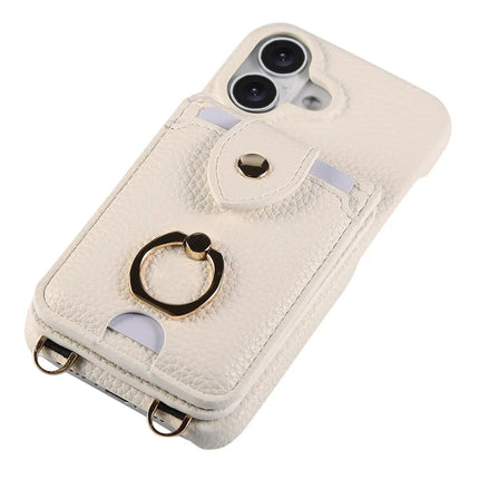 For iPhone 16 Plus Case with Card Holder, Shoulder Strap PC+TPU Ring Kickstand Phone Back Cover