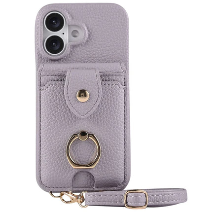 For iPhone 16 Plus Case with Card Holder, Shoulder Strap PC+TPU Ring Kickstand Phone Back Cover - Purplish