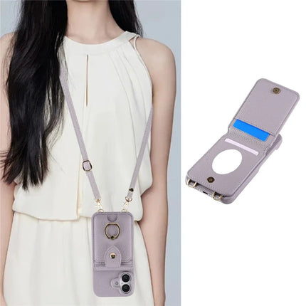 For iPhone 16 Plus Case with Card Holder, Shoulder Strap PC+TPU Ring Kickstand Phone Back Cover