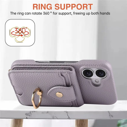 For iPhone 16 Plus Case with Card Holder, Shoulder Strap PC+TPU Ring Kickstand Phone Back Cover