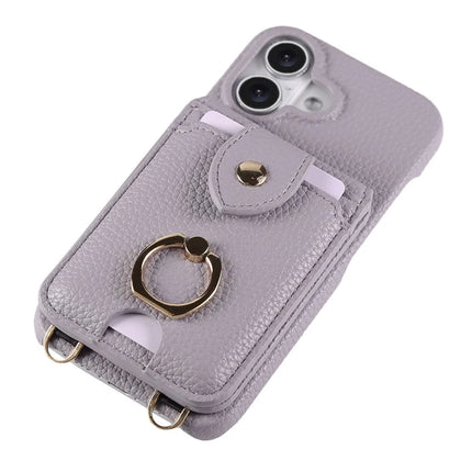For iPhone 16 Plus Case with Card Holder, Shoulder Strap PC+TPU Ring Kickstand Phone Back Cover