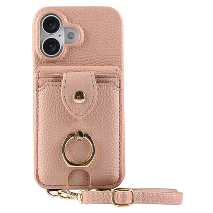 For iPhone 16 Plus Case with Card Holder, Shoulder Strap PC+TPU Ring Kickstand Phone Back Cover - Flesh