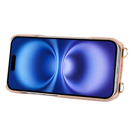 For iPhone 16 Plus Case with Card Holder, Shoulder Strap PC+TPU Ring Kickstand Phone Back Cover