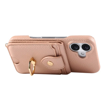 For iPhone 16 Plus Case with Card Holder, Shoulder Strap PC+TPU Ring Kickstand Phone Back Cover
