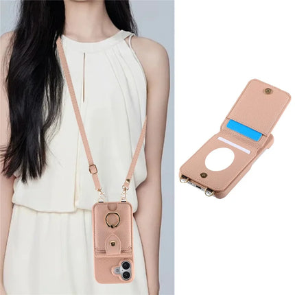 For iPhone 16 Plus Case with Card Holder, Shoulder Strap PC+TPU Ring Kickstand Phone Back Cover