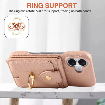 For iPhone 16 Plus Case with Card Holder, Shoulder Strap PC+TPU Ring Kickstand Phone Back Cover