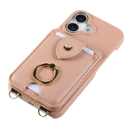 For iPhone 16 Plus Case with Card Holder, Shoulder Strap PC+TPU Ring Kickstand Phone Back Cover