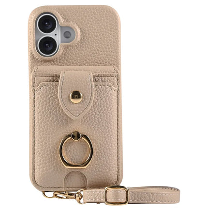 For iPhone 16 Plus Case with Card Holder, Shoulder Strap PC+TPU Ring Kickstand Phone Back Cover - Khaki