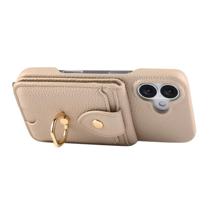 For iPhone 16 Plus Case with Card Holder, Shoulder Strap PC+TPU Ring Kickstand Phone Back Cover