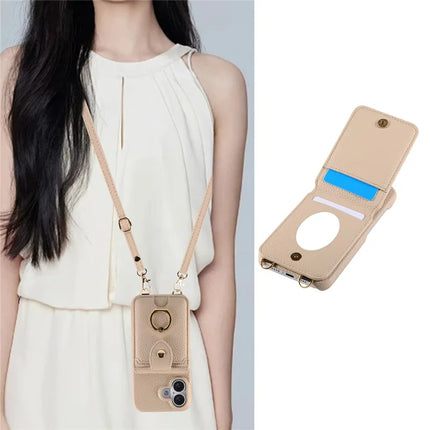 For iPhone 16 Plus Case with Card Holder, Shoulder Strap PC+TPU Ring Kickstand Phone Back Cover