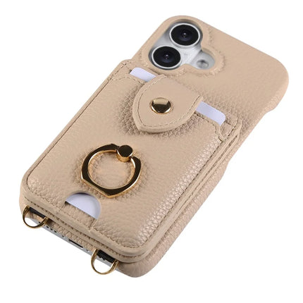 For iPhone 16 Plus Case with Card Holder, Shoulder Strap PC+TPU Ring Kickstand Phone Back Cover
