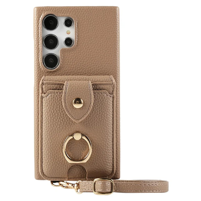 For Samsung Galaxy S23 Ultra Case with Card Holder, Shoulder Strap PC+TPU Ring Kickstand Phone Back Cover - Light Tan