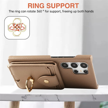 For Samsung Galaxy S23 Ultra Case with Card Holder, Shoulder Strap PC+TPU Ring Kickstand Phone Back Cover