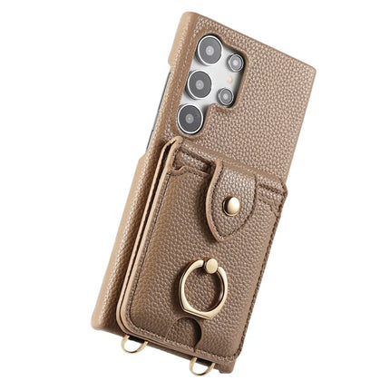 For Samsung Galaxy S23 Ultra Case with Card Holder, Shoulder Strap PC+TPU Ring Kickstand Phone Back Cover