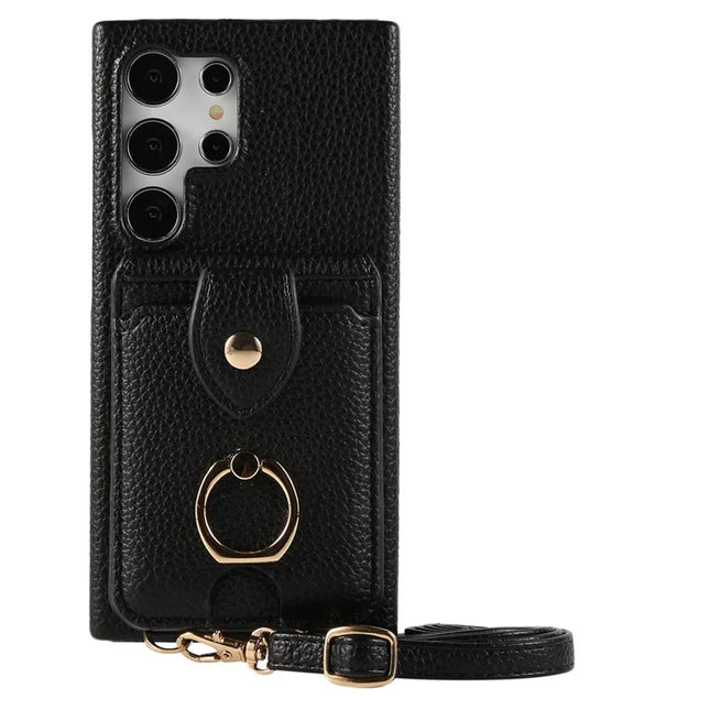 For Samsung Galaxy S23 Ultra Case with Card Holder, Shoulder Strap PC+TPU Ring Kickstand Phone Back Cover - Black