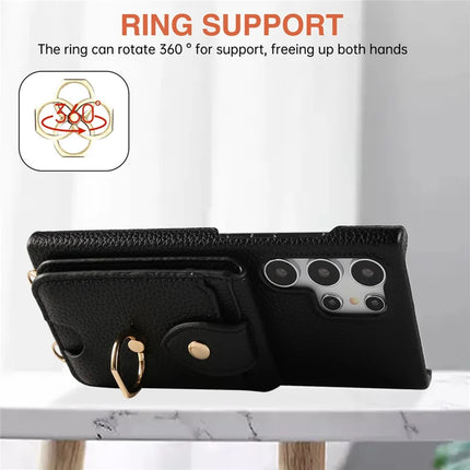 For Samsung Galaxy S23 Ultra Case with Card Holder, Shoulder Strap PC+TPU Ring Kickstand Phone Back Cover