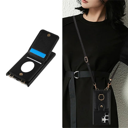 For Samsung Galaxy S23 Ultra Case with Card Holder, Shoulder Strap PC+TPU Ring Kickstand Phone Back Cover