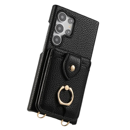 For Samsung Galaxy S23 Ultra Case with Card Holder, Shoulder Strap PC+TPU Ring Kickstand Phone Back Cover