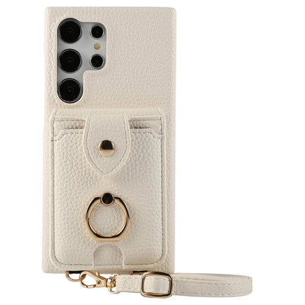 For Samsung Galaxy S23 Ultra Case with Card Holder, Shoulder Strap PC+TPU Ring Kickstand Phone Back Cover - White