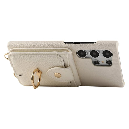 For Samsung Galaxy S23 Ultra Case with Card Holder, Shoulder Strap PC+TPU Ring Kickstand Phone Back Cover