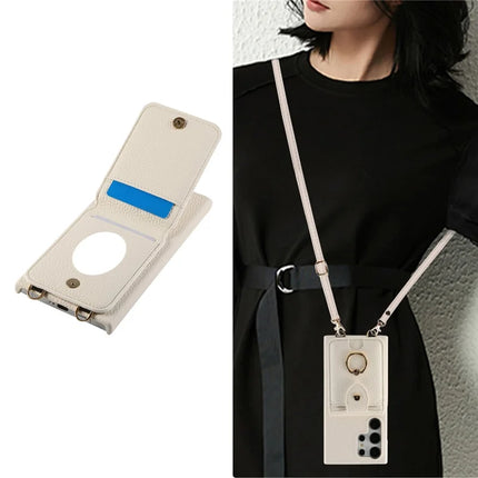 For Samsung Galaxy S23 Ultra Case with Card Holder, Shoulder Strap PC+TPU Ring Kickstand Phone Back Cover