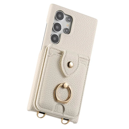 For Samsung Galaxy S23 Ultra Case with Card Holder, Shoulder Strap PC+TPU Ring Kickstand Phone Back Cover