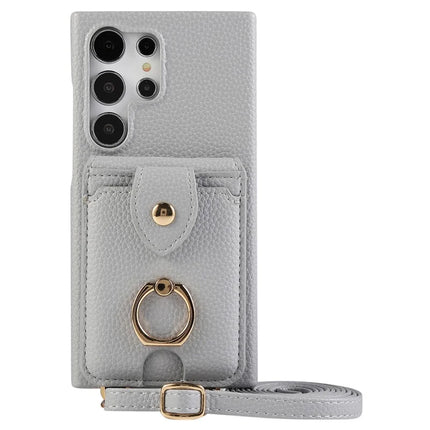For Samsung Galaxy S23 Ultra Case with Card Holder, Shoulder Strap PC+TPU Ring Kickstand Phone Back Cover - Grey Blue