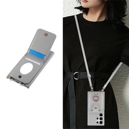 For Samsung Galaxy S23 Ultra Case with Card Holder, Shoulder Strap PC+TPU Ring Kickstand Phone Back Cover