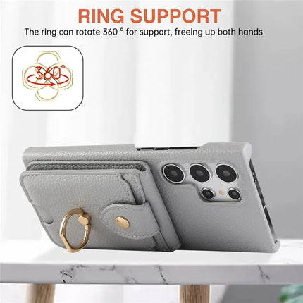 For Samsung Galaxy S23 Ultra Case with Card Holder, Shoulder Strap PC+TPU Ring Kickstand Phone Back Cover