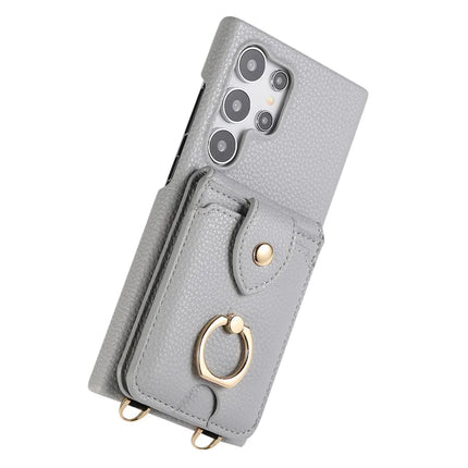 For Samsung Galaxy S23 Ultra Case with Card Holder, Shoulder Strap PC+TPU Ring Kickstand Phone Back Cover