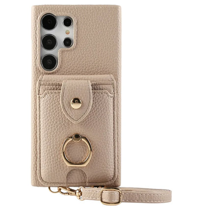 For Samsung Galaxy S23 Ultra Case with Card Holder, Shoulder Strap PC+TPU Ring Kickstand Phone Back Cover