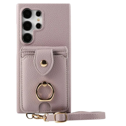 For Samsung Galaxy S23 Ultra Case with Card Holder, Shoulder Strap PC+TPU Ring Kickstand Phone Back Cover - Purple