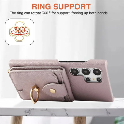 For Samsung Galaxy S23 Ultra Case with Card Holder, Shoulder Strap PC+TPU Ring Kickstand Phone Back Cover